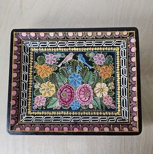 Folk Art Hand Painted Mexican Olinala Guerrero Rectangular Lacquered Wood Tray